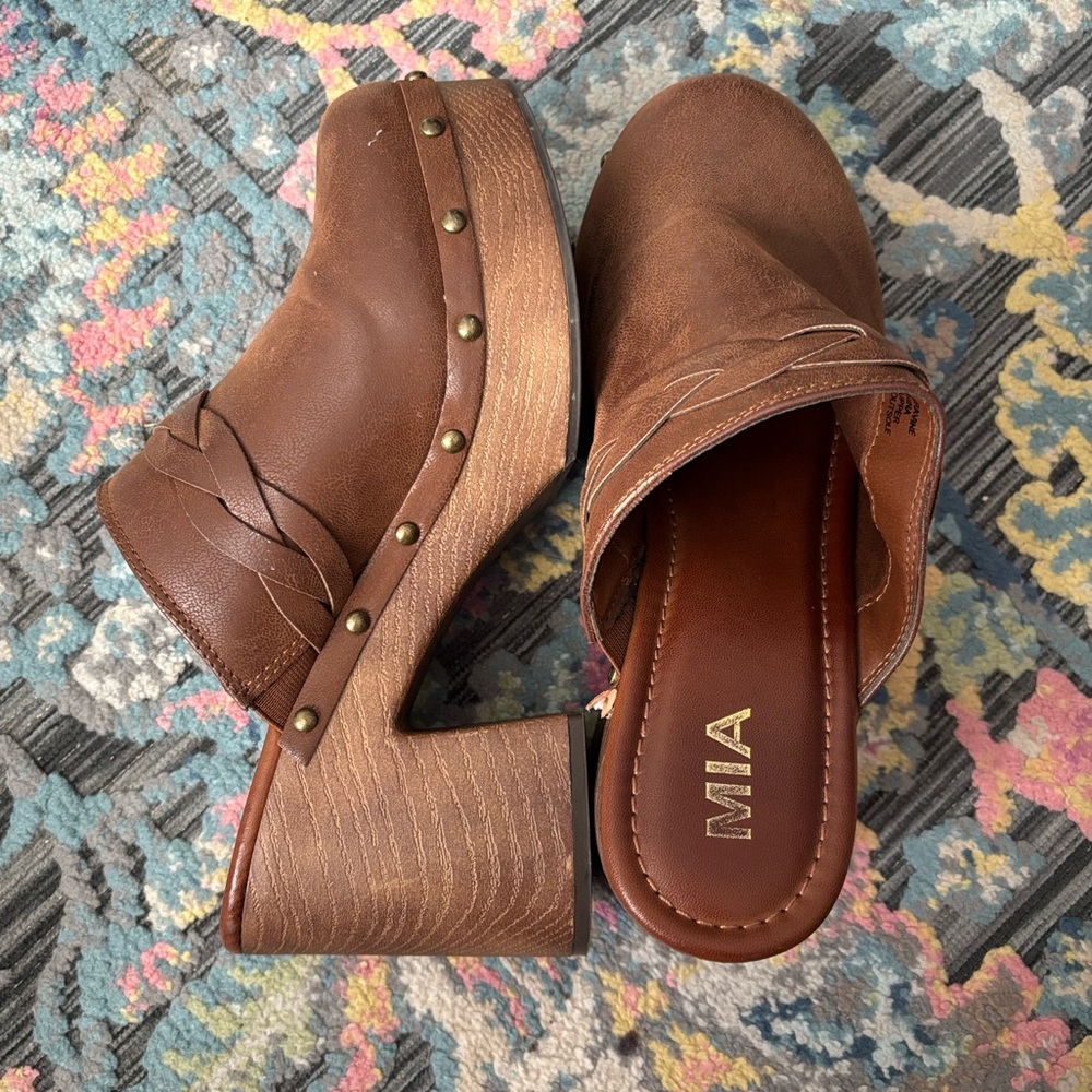 MIA Brown Braided Leather Platform Clog Mules
